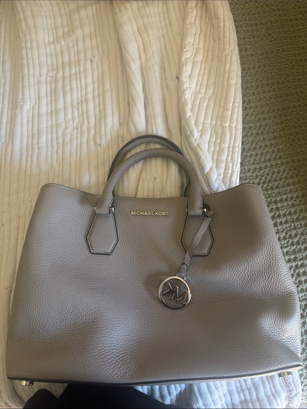 Michael Kors Taupe Gray Pebbled Leather Satchel with MK Charm